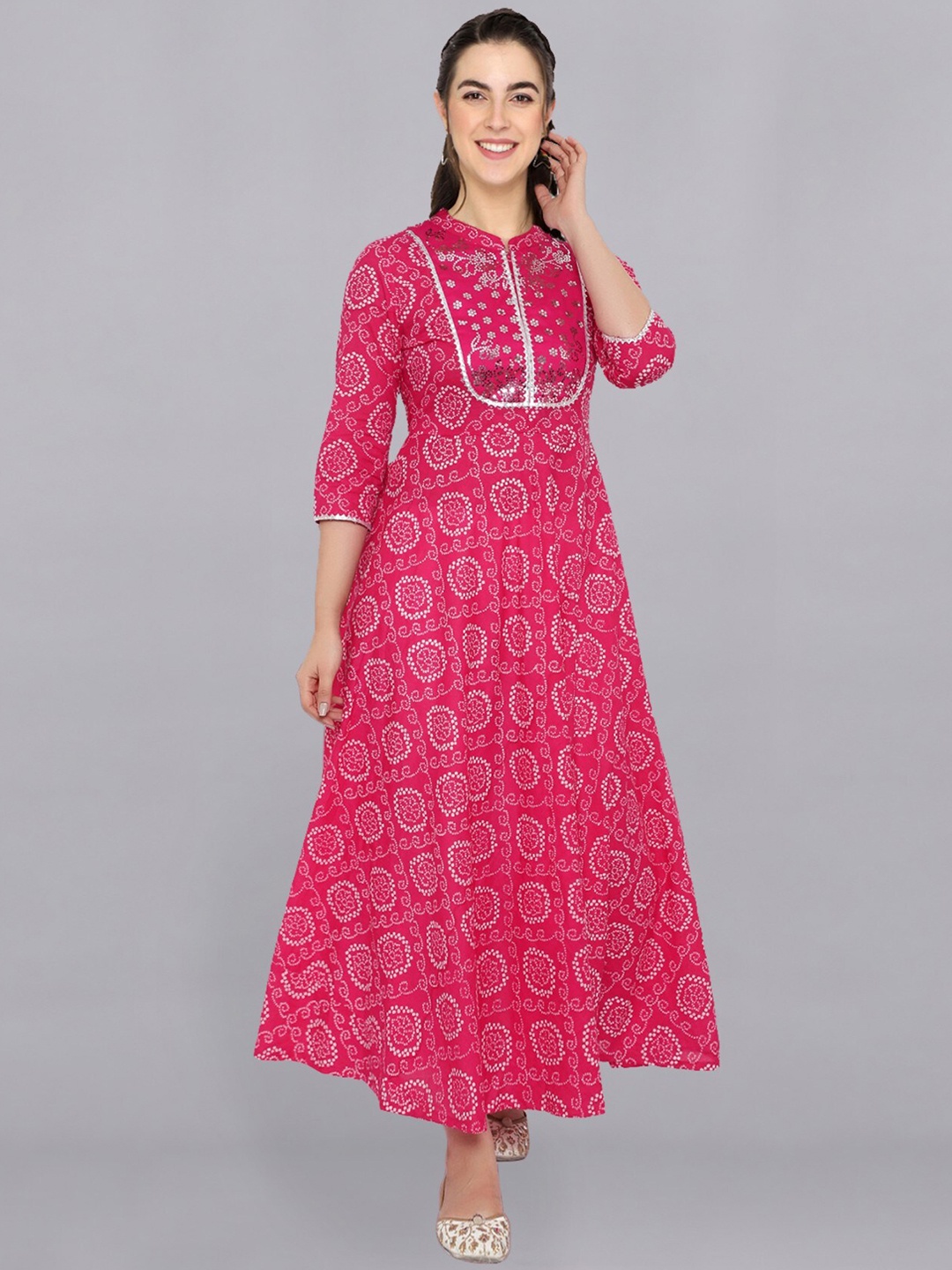 

shashvi Women Pink Bandhani Printed Gotta Patti Anarkali Cotton Kurta