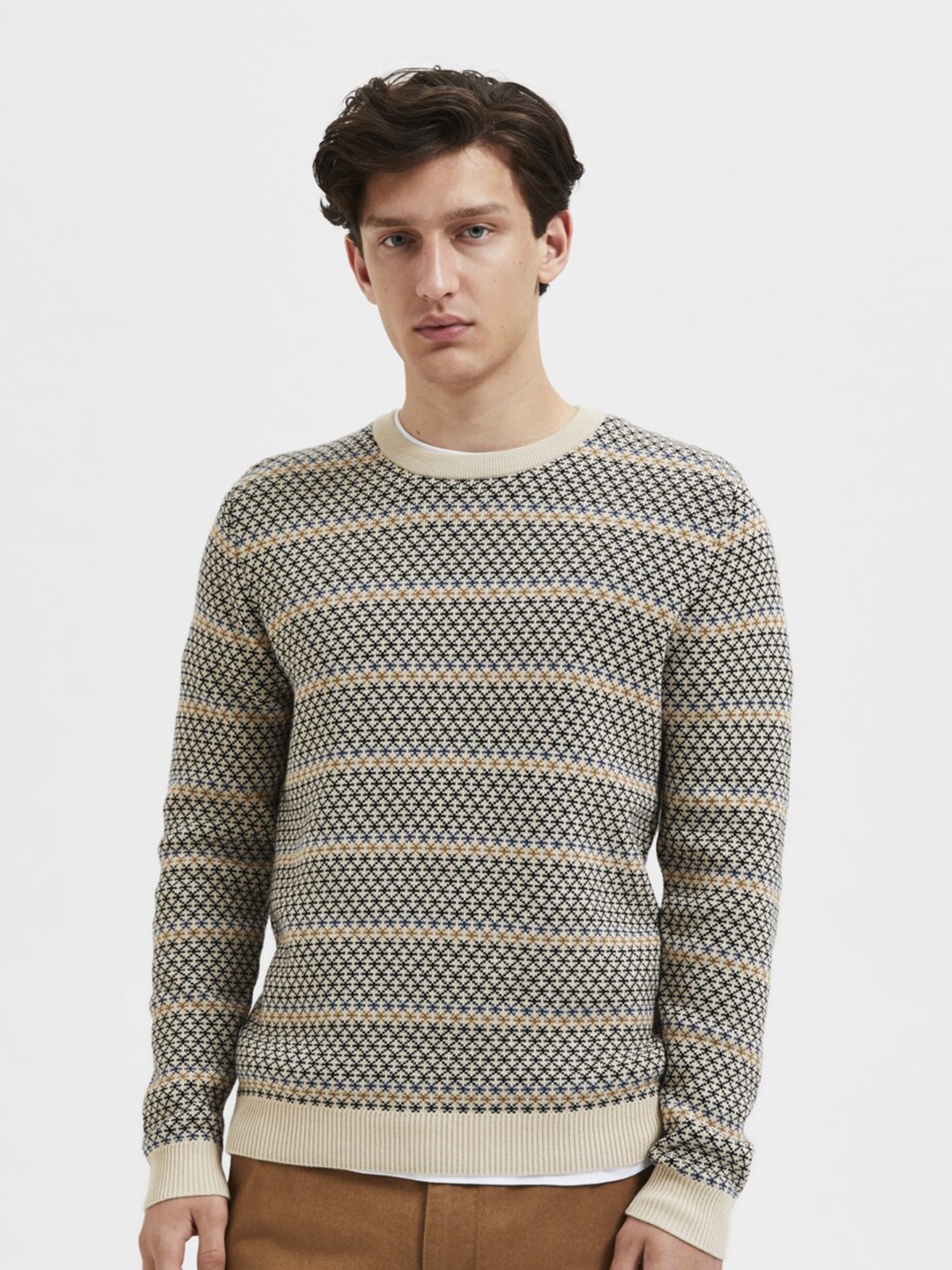 

SELECTED Men slhsnow ls knit crew neck w Cream-Coloured & Black Cable Knit Cotton Pullover