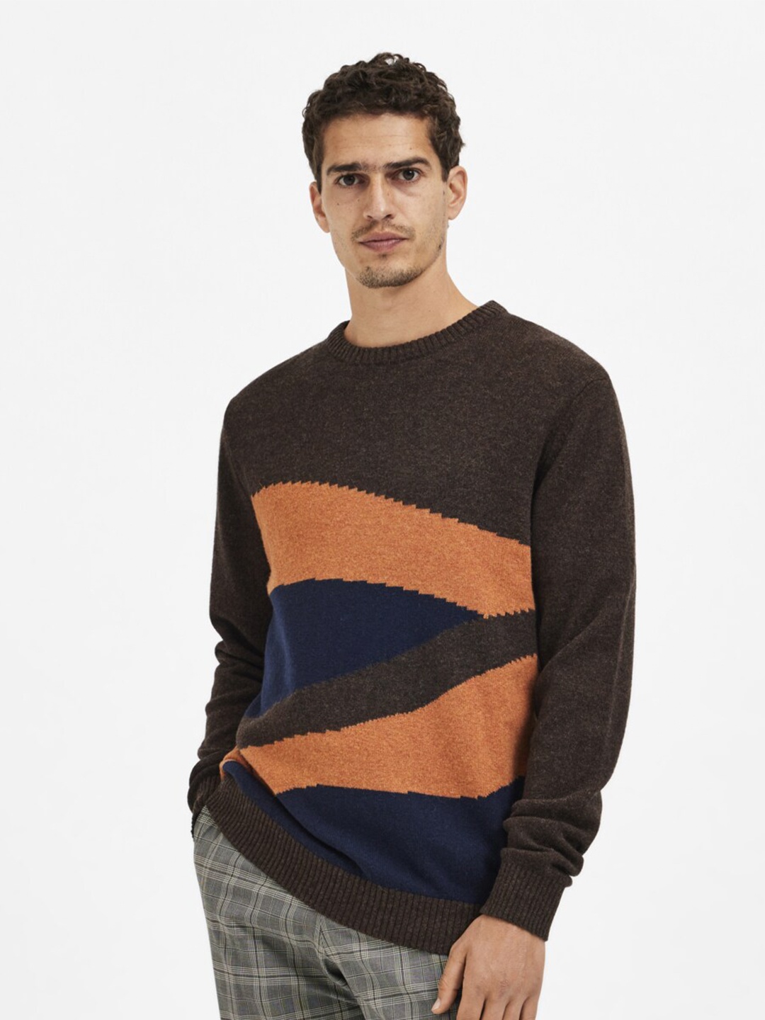 

SELECTED Men Brown & Orange Colourblocked Pullover