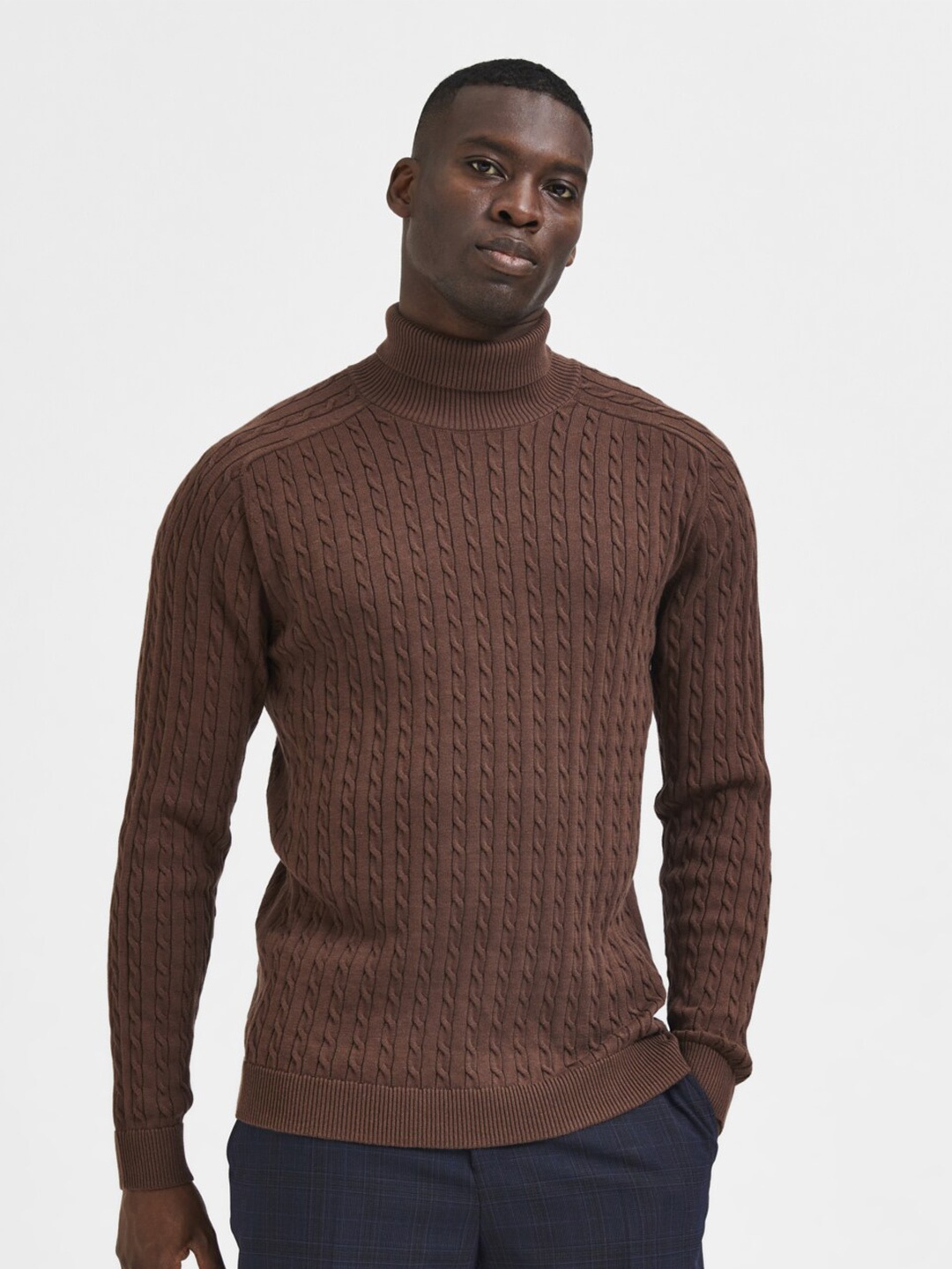 

SELECTED Men Brown Cable Knit Pullover