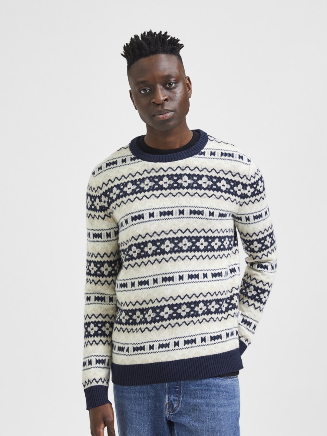 

SELECTED Men White & Blue Pullover