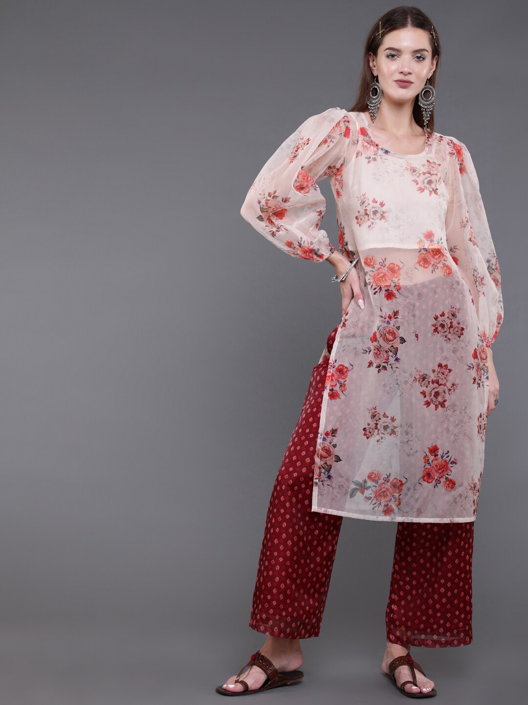 

saubhagya Women Cream-Coloured Floral Printed Kurta with Palazzos