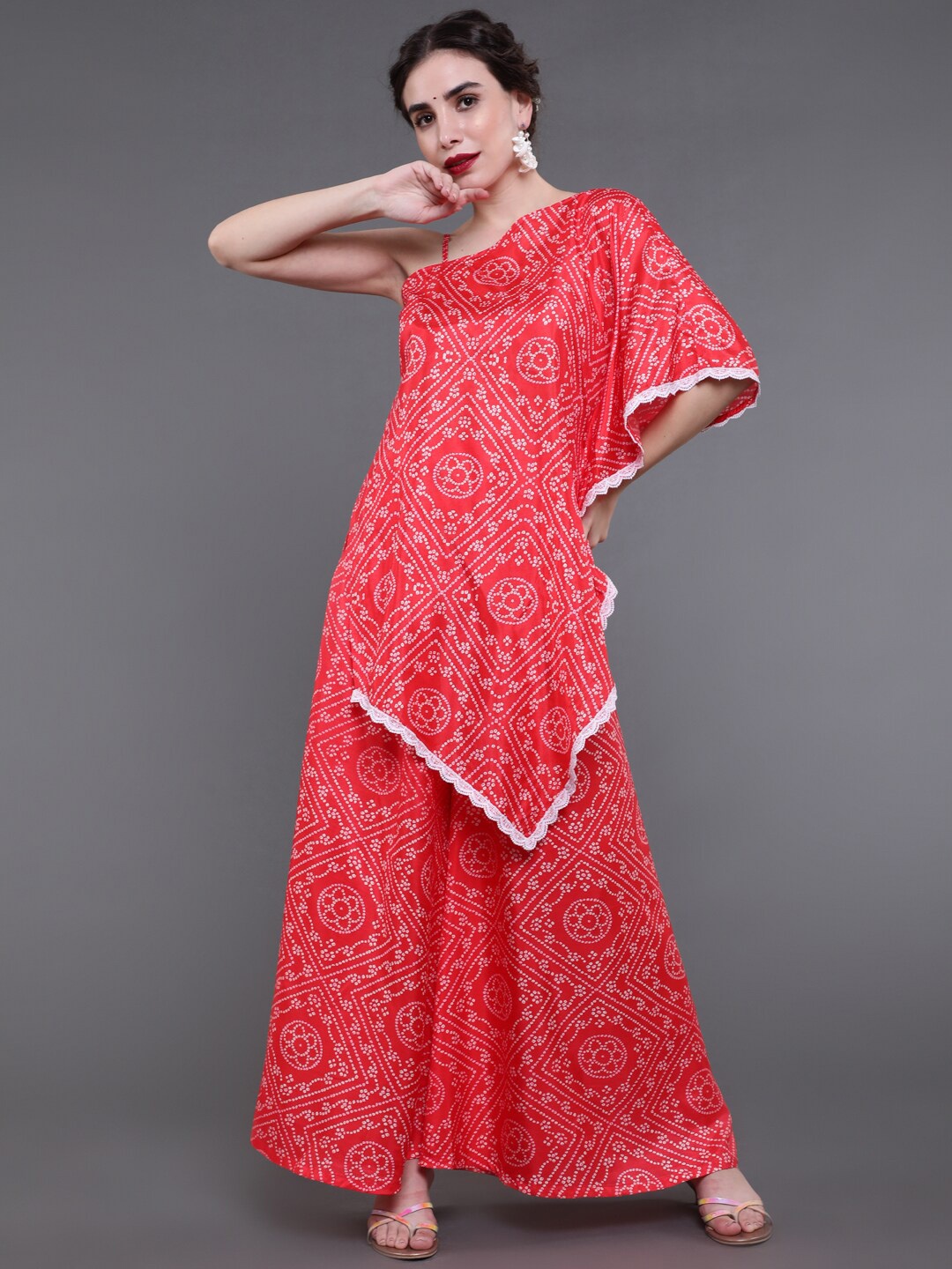 

saubhagya Women Red Bandhani Printed Kurta with Palazzos