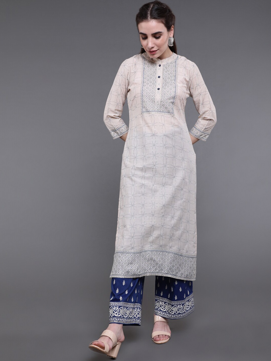 

saubhagya Women Cream-Coloured Ethnic Motifs Yoke Design Kurta with Palazzos