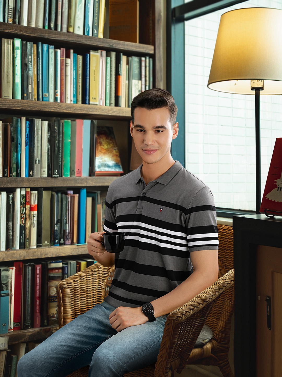 

Louis Philippe Sport Men Grey Striped Polo Collar Slim Fit Pure Cotton T-shirt