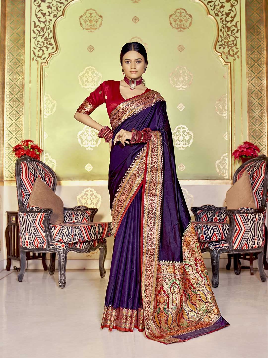 

elora Purple & Red Solid Zari Soft Silk Saree