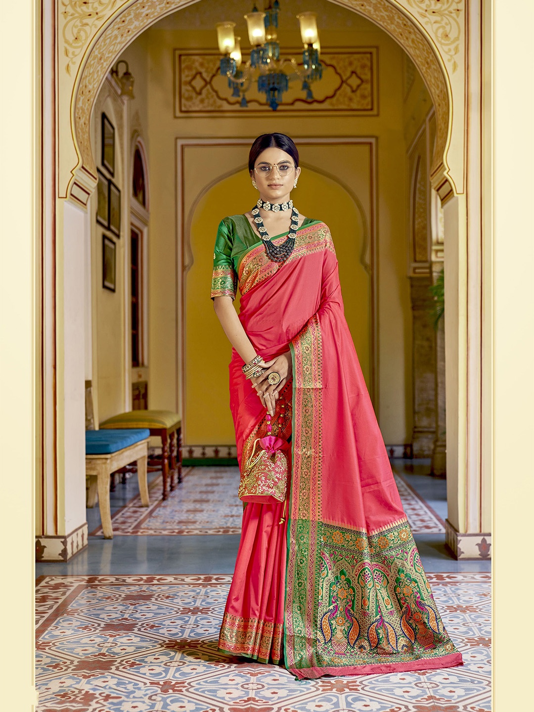 

elora Pink & Green Zari Silk Blend Saree