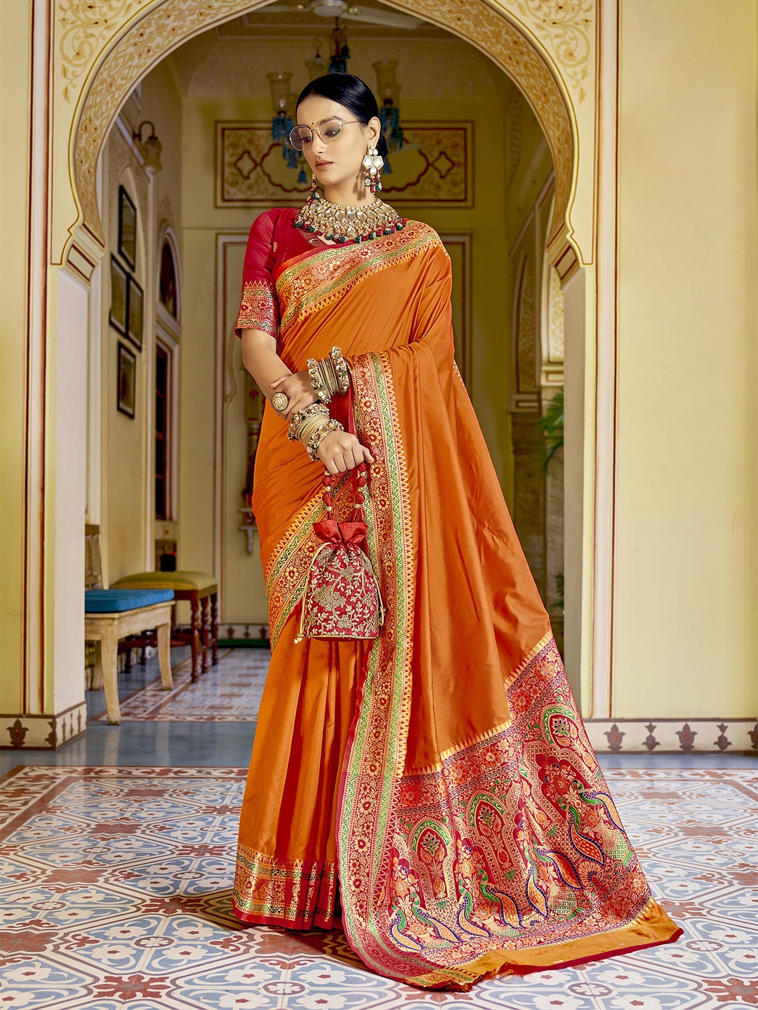 

elora Orange & Red Silk Blend Saree