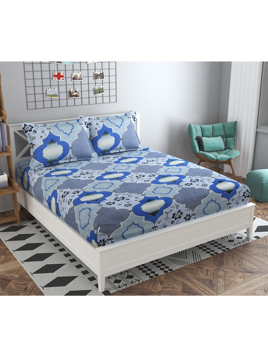 

Bajo's Blue & Grey Cotton Geometric 250 TC Queen Bedsheet with 2 Pillow Covers