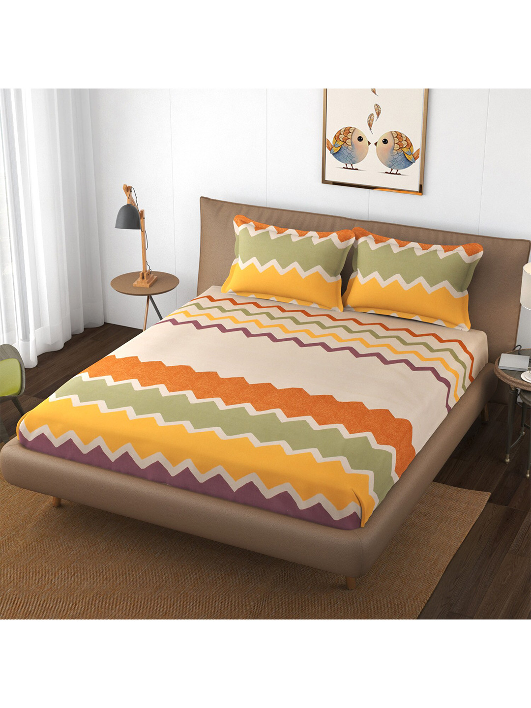 

Bajo's Green & Orange Geometric 250 TC Queen Bedsheet with 2 Pillow Covers