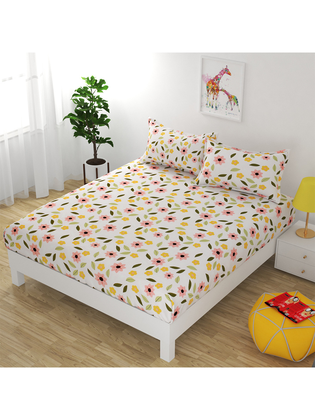 

Bajo's White & Green Floral 250 TC Queen Bedsheet with 2 Pillow Covers