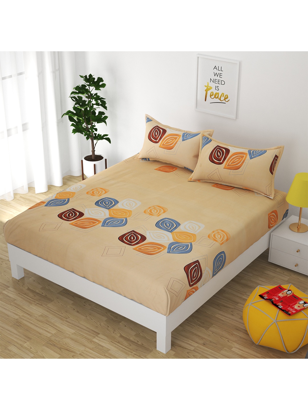 

Bajo's Beige & Yellow Geometric 250 TC Queen Bedsheet with 2 Pillow Covers