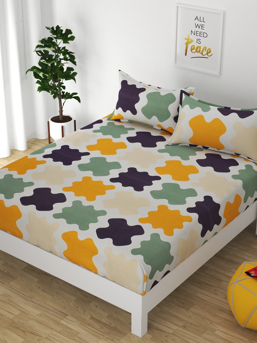 

Bajo's Multicolor 250 TC Geometric Fitted Cotton Queen Bedsheet With 2 Pillow Covers, Multi