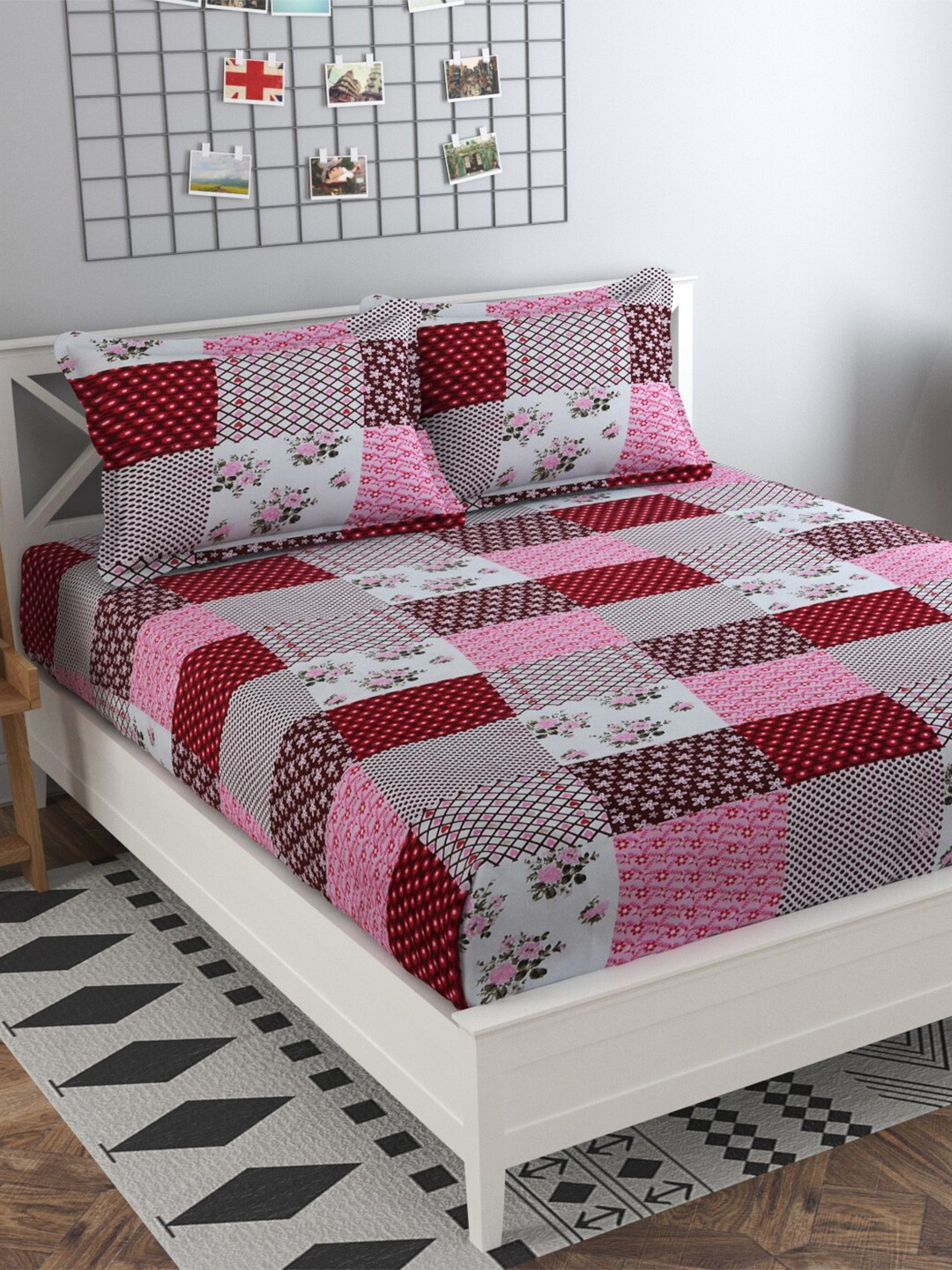 

Bajo's Pink & Grey Cotton Floral 250 TC Queen Bedsheet with 2 Pillow Covers