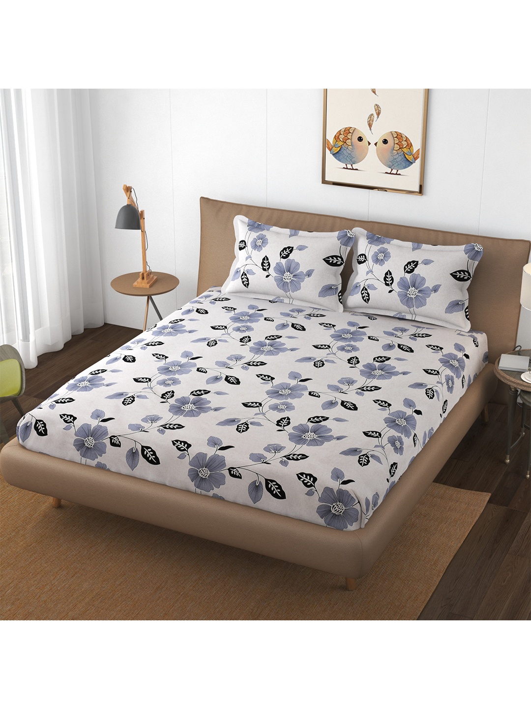 

Bajo's White & Grey Floral 250 TC Queen Bedsheet with 2 Pillow Covers