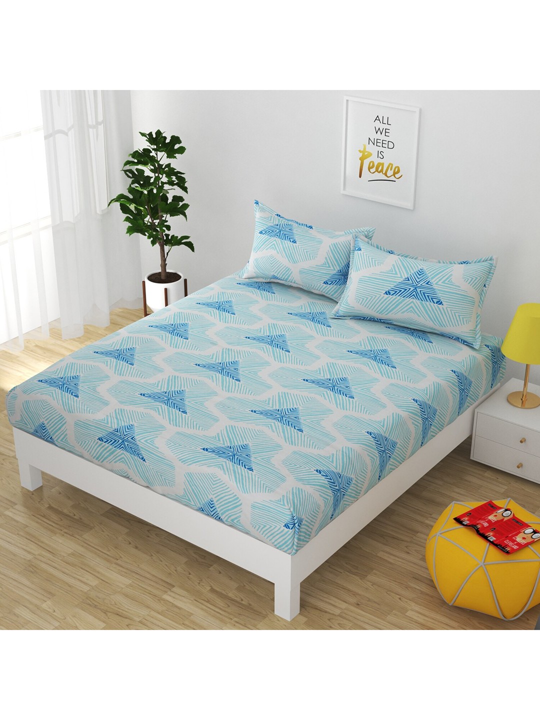 

Bajo's Turquoise Blue & White Geometric 250 TC Queen Bedsheet with 2 Pillow Covers