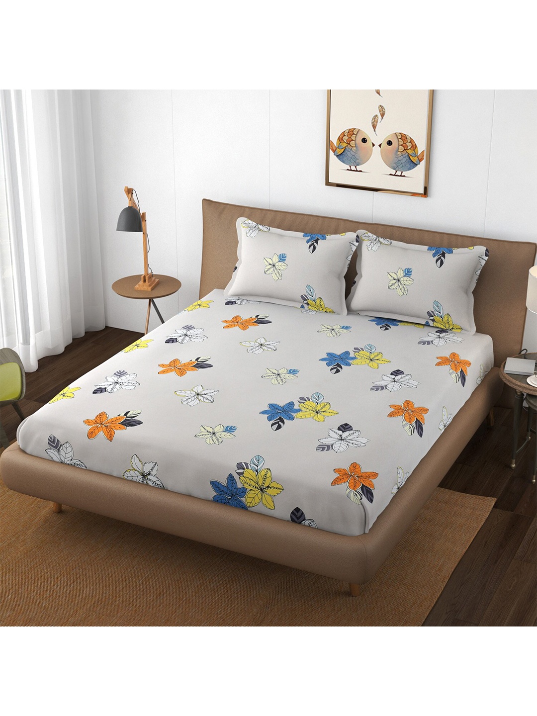

Bajo's White & Blue Floral 250 TC Queen Bedsheet with 2 Pillow Covers