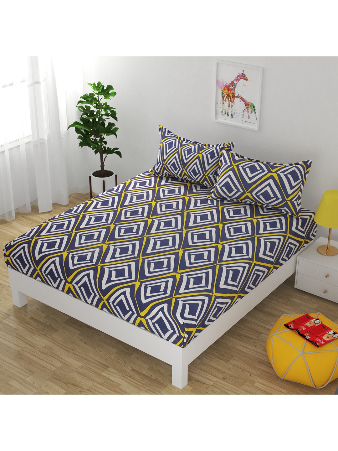 

Bajo's Blue & White Geometric 250 TC Queen Bedsheet with 2 Pillow Covers