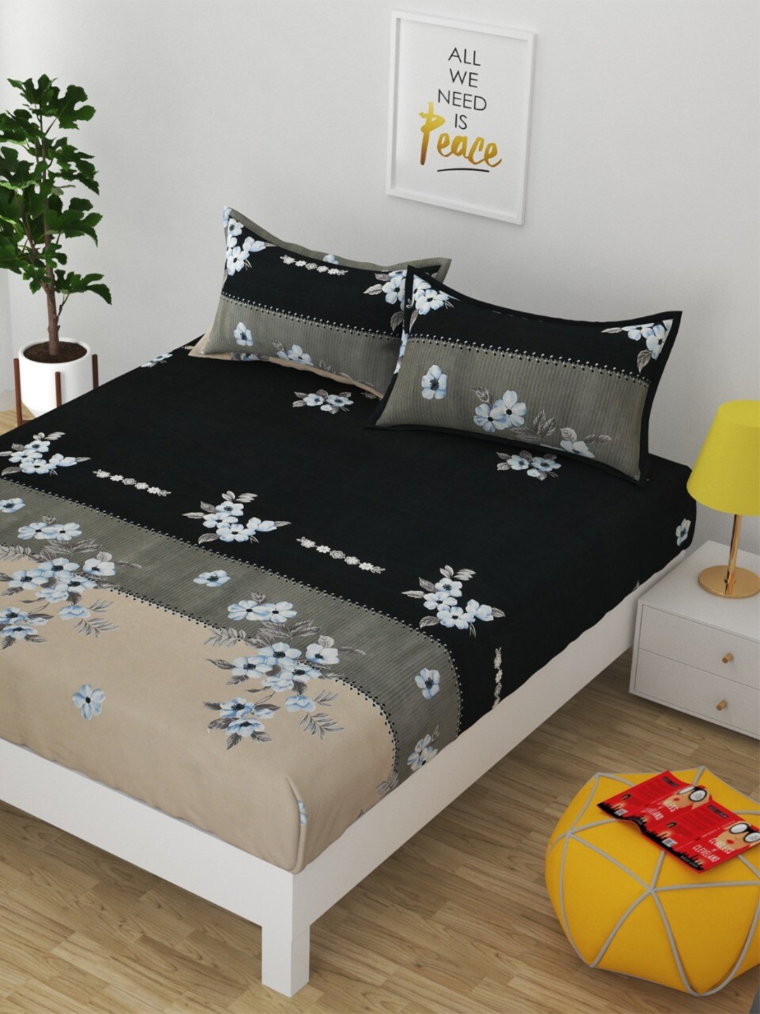 

Bajo's Black & Beige Floral 250 TC Queen Bedsheet with 2 Pillow Covers