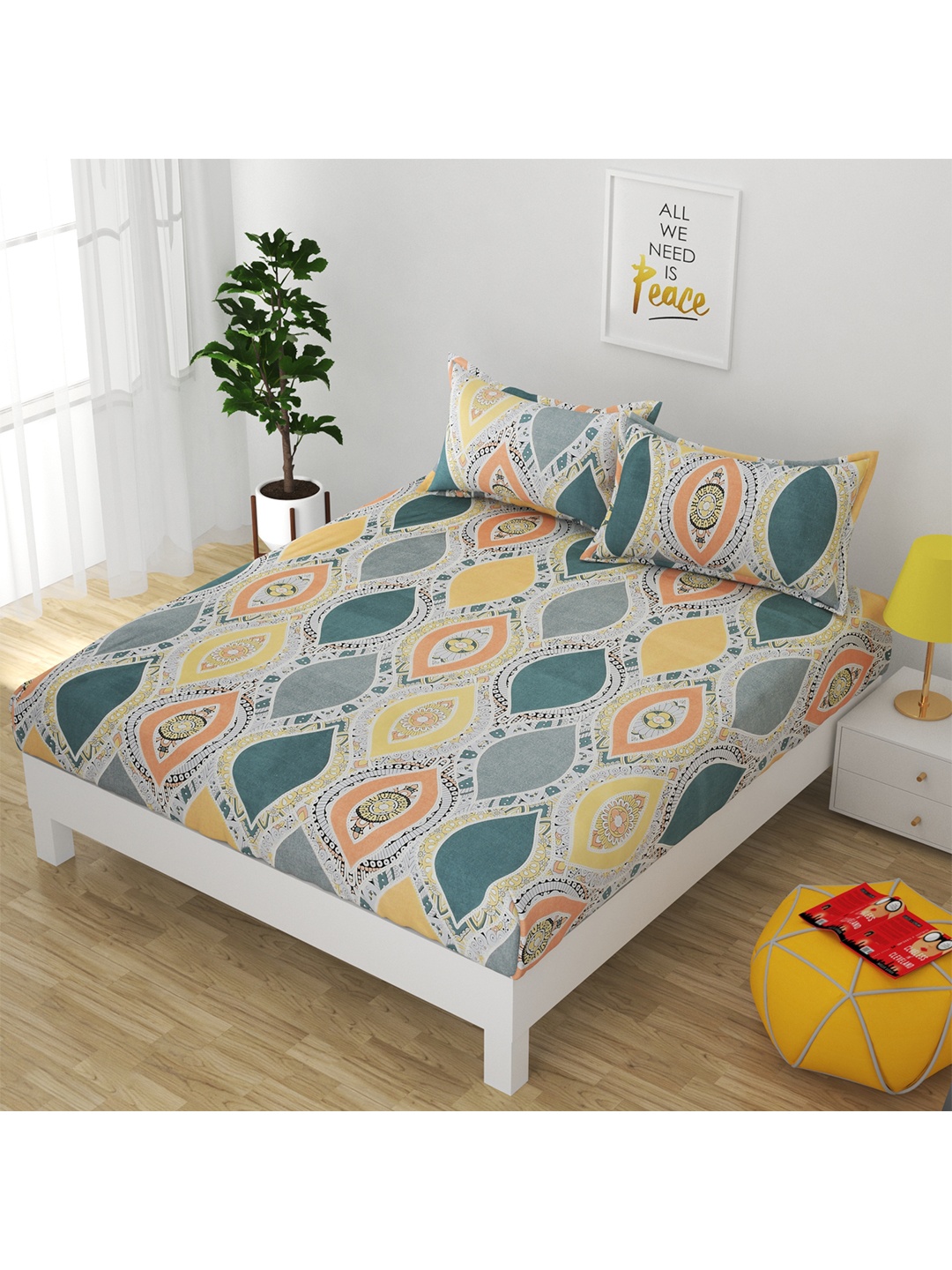 

Bajo's Coral & Teal Printed 250 TC Cotton Queen Bedsheet with 2 Pillow Covers
