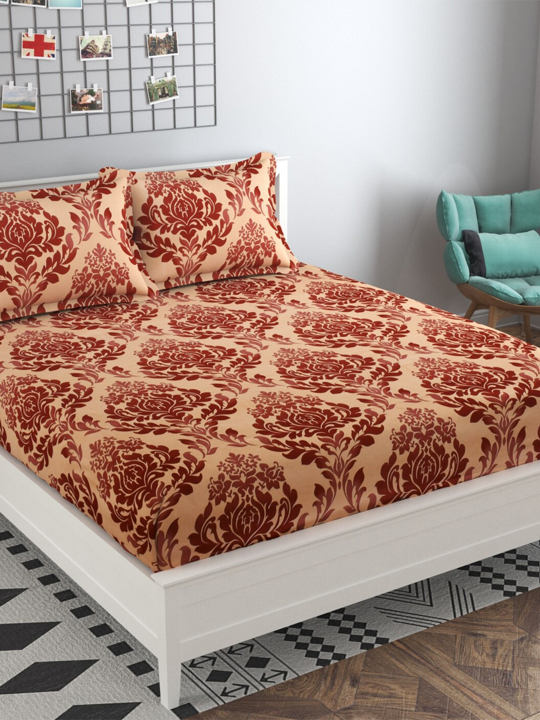 

Bajo's Brown & Peach-Coloured Floral 250 TC Queen Bedsheet with 2 Pillow Covers