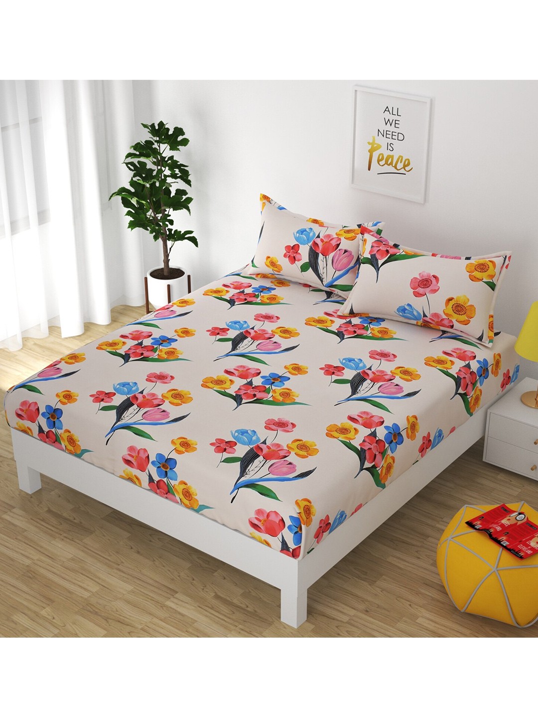 

Bajo's Cream-Coloured & Green Floral 250 TC Queen Bedsheet with 2 Pillow Covers