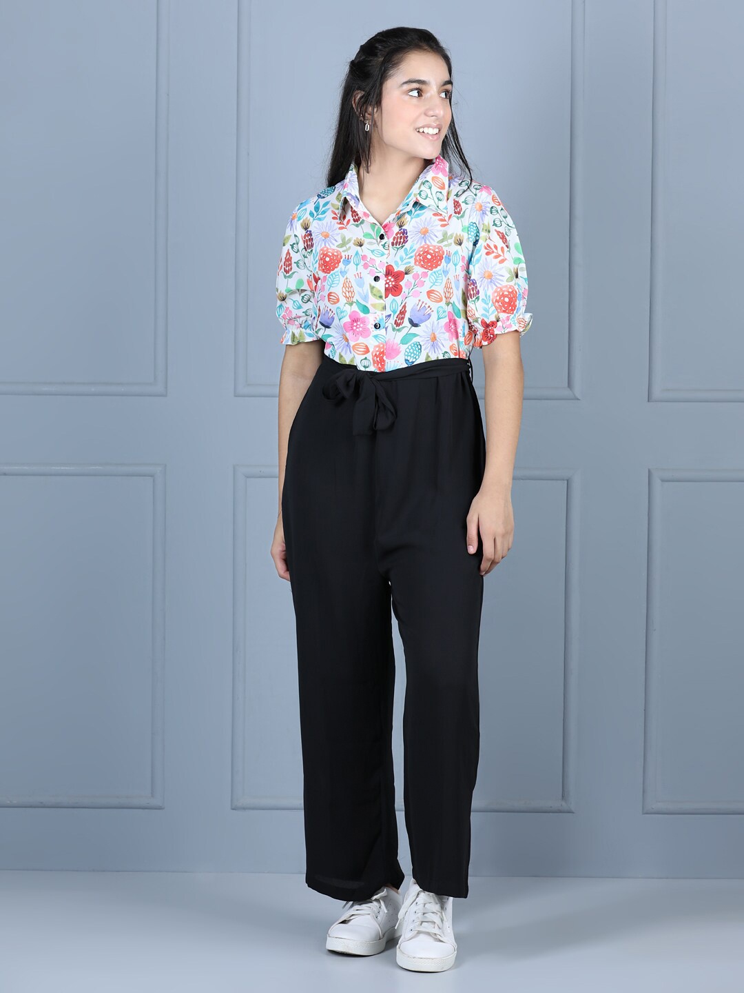 

StyleStone Girls White & Black Printed Basic Jumpsuit