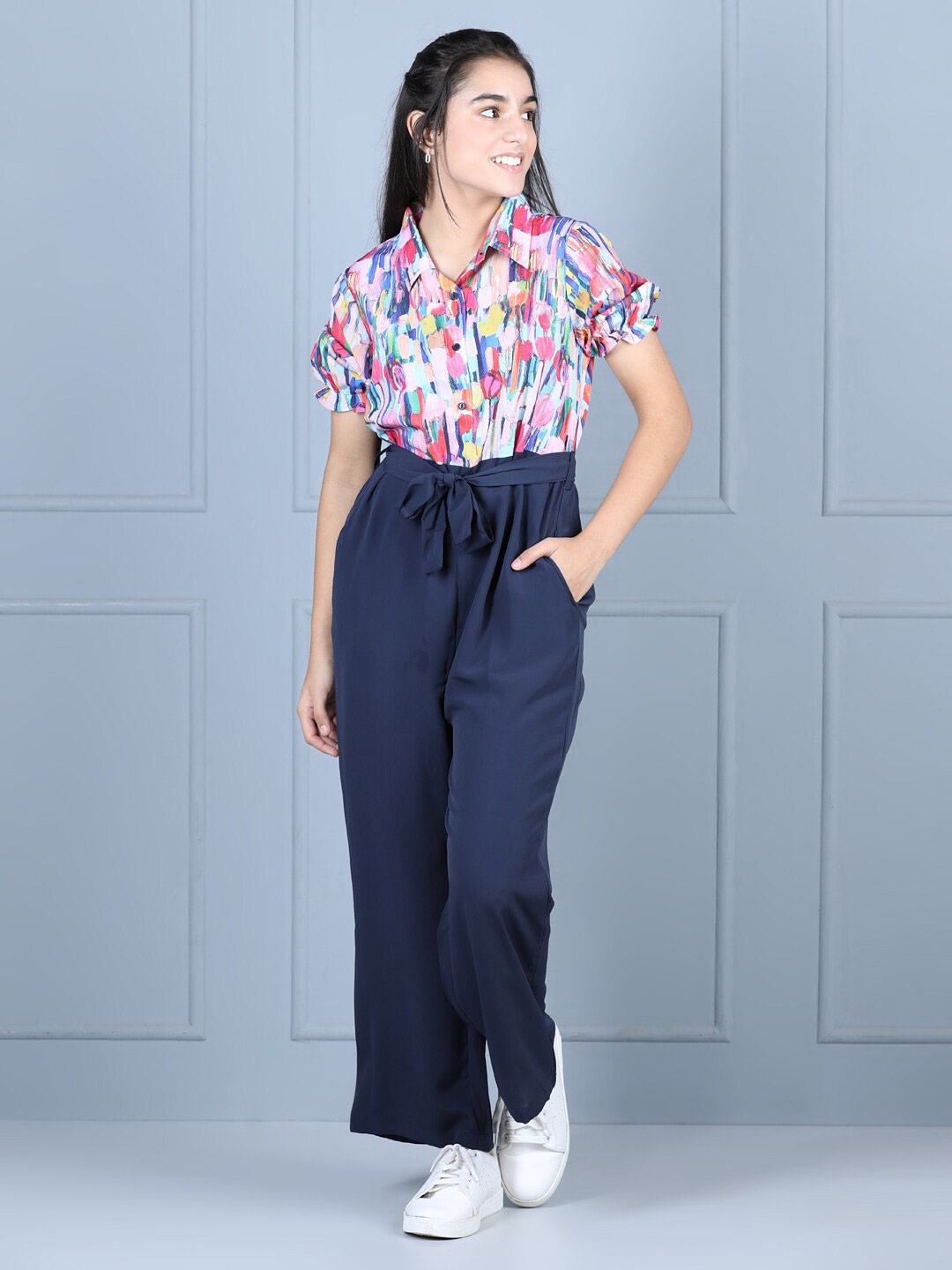 

StyleStone Girls White & Pink Printed Basic Jumpsuit