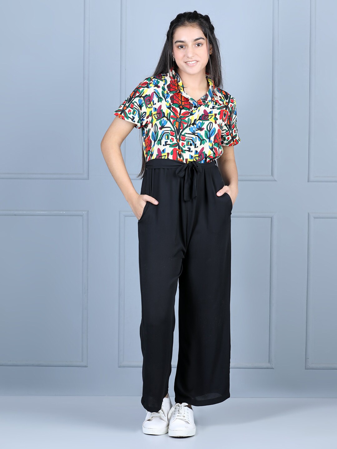 

StyleStone Girls White & Black Printed Basic Jumpsuit