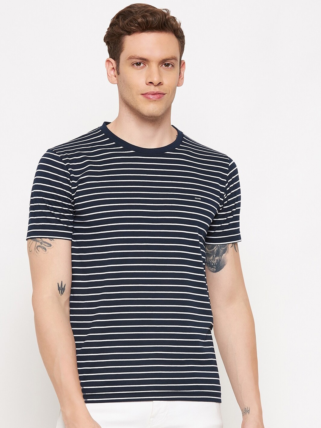 

Okane Men Navy Blue Striped T-shirt