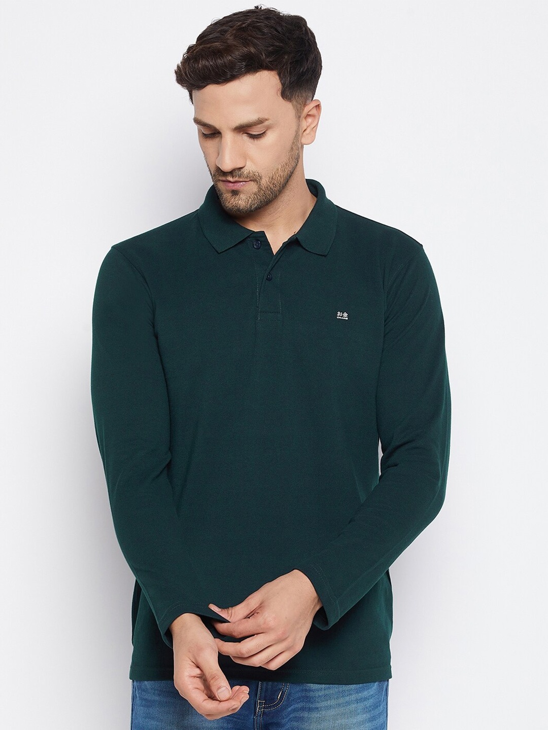 

Okane Men Green Polo Collar T-shirt