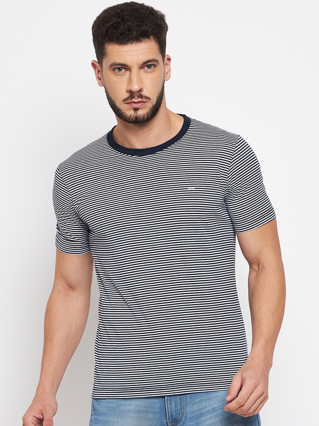 

Okane Men Navy Blue Striped T-shirt