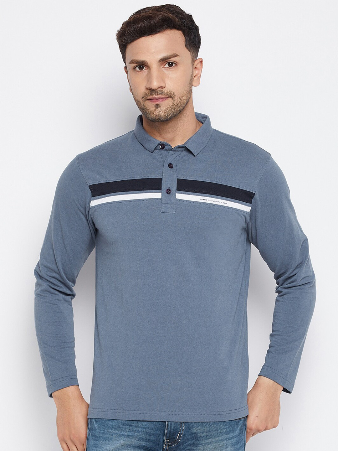 

Okane Men Plus Size Blue Polo Collar Cotton T-shirt