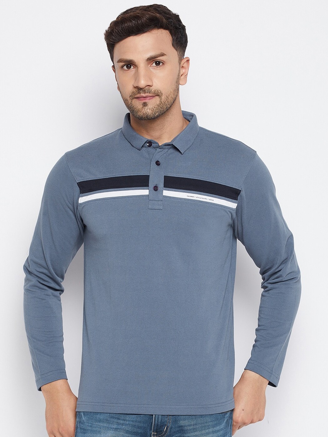 

Okane Men Blue Polo Collar T-shirt