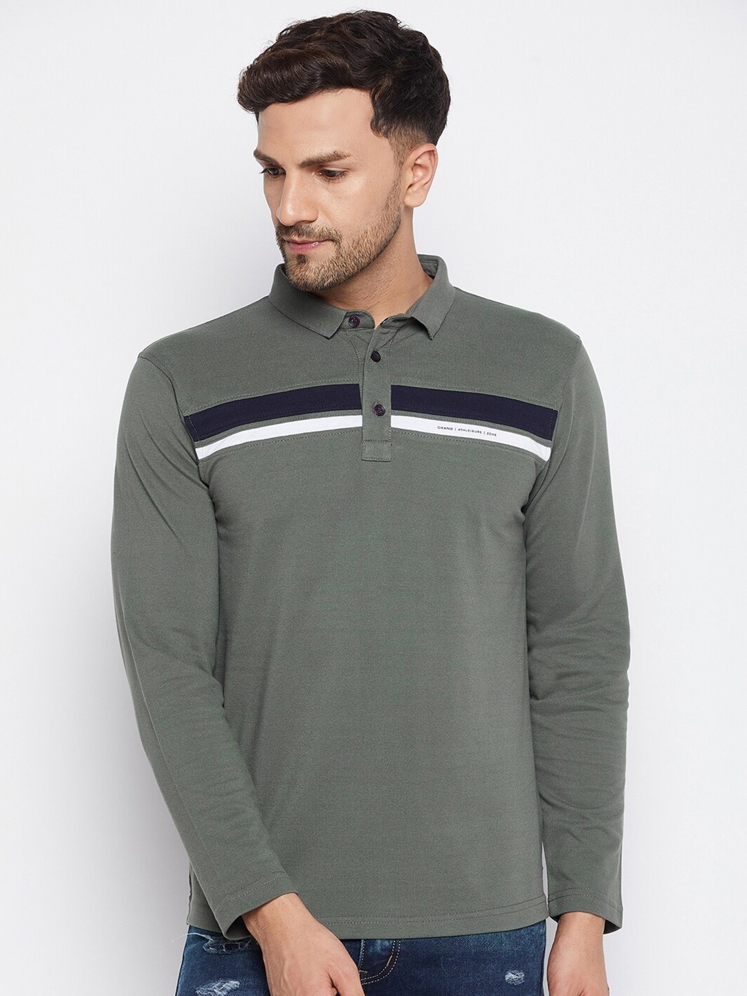 

Okane Men Olive Green Striped Polo Collar Applique T-shirt