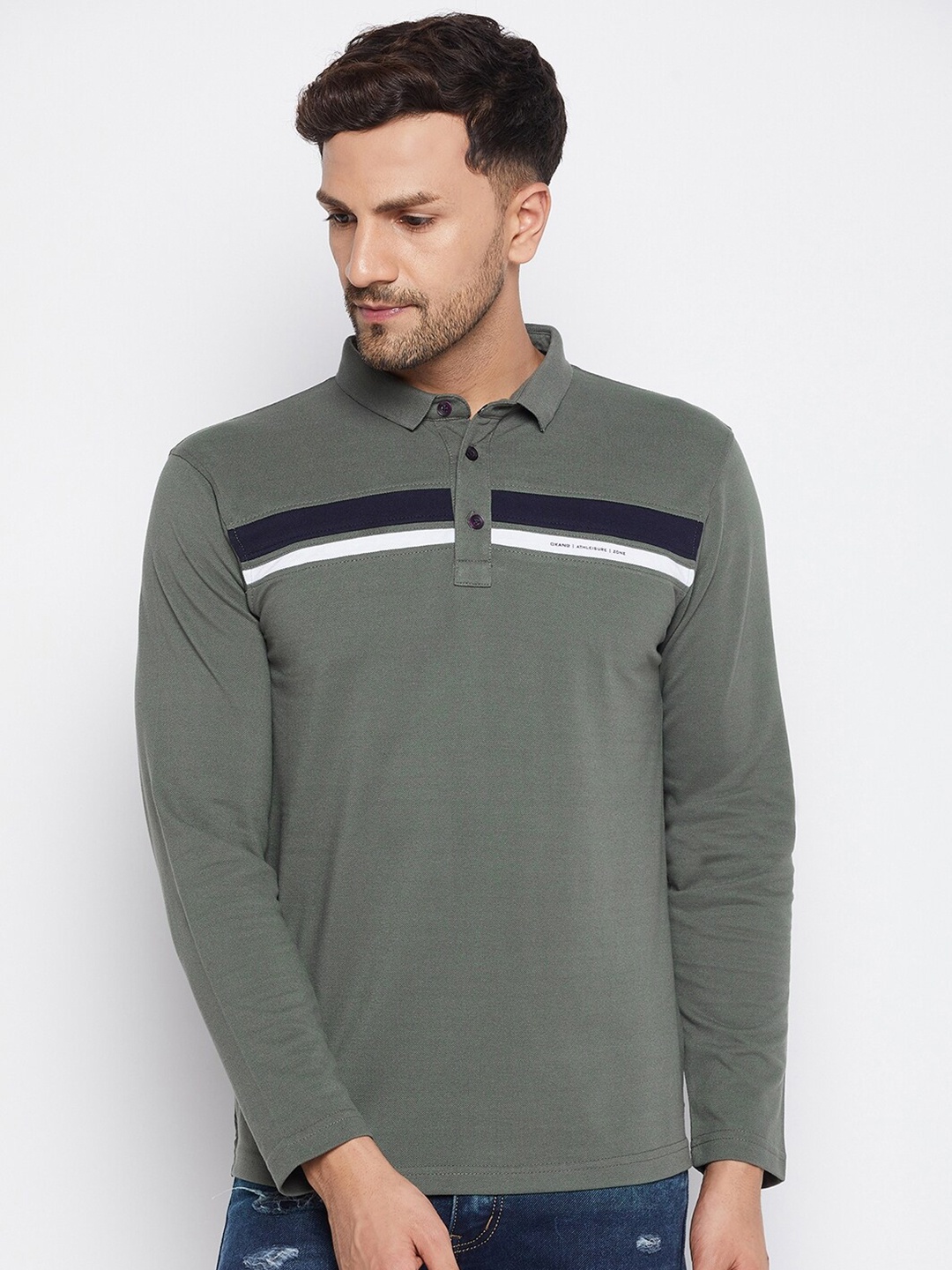 

Okane Men Olive Green Striped Polo Collar Applique T-shirt