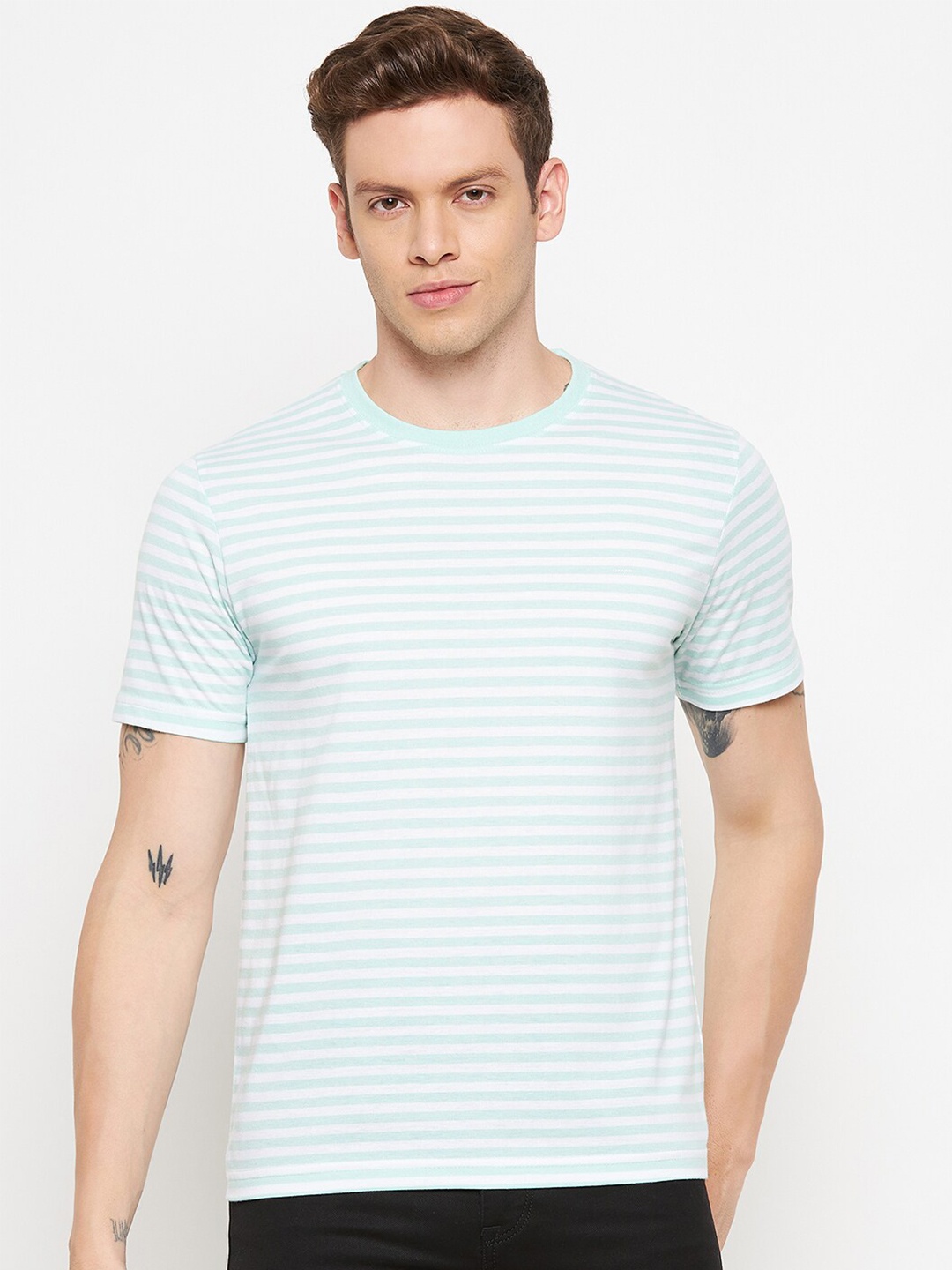 

Okane Men Green & White Striped T-shirt