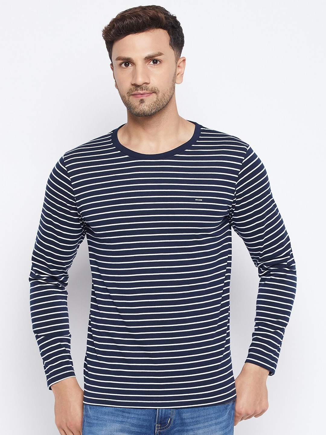 

Okane Men Navy Blue Striped T-shirt