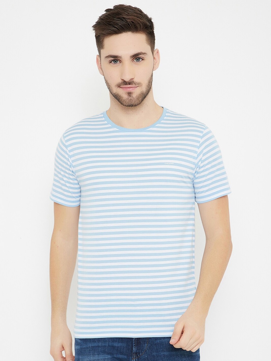 

Okane Men Blue & White Striped Short Sleeves Cotton T-shirt