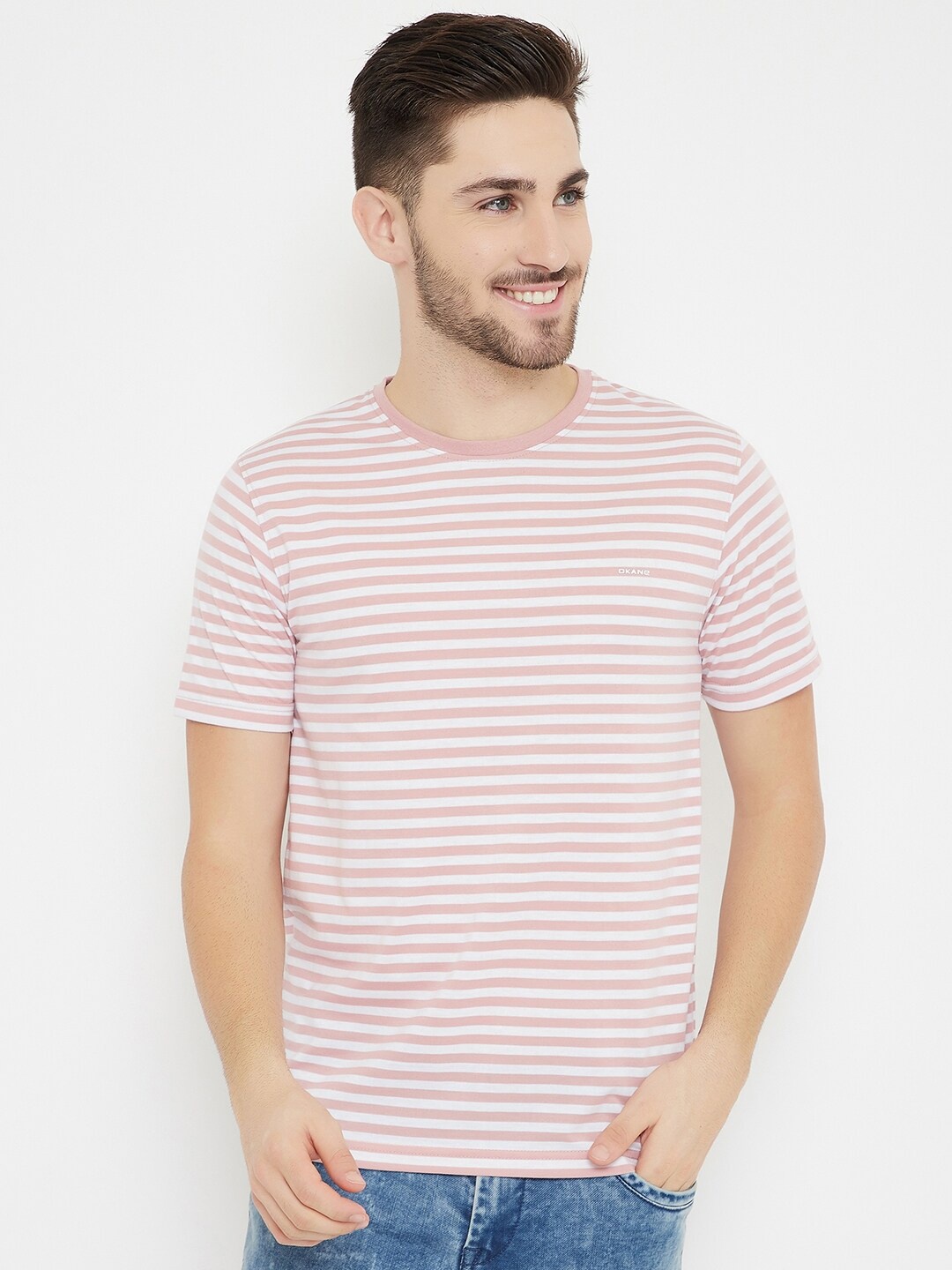

Okane Men Pink Striped T-shirt