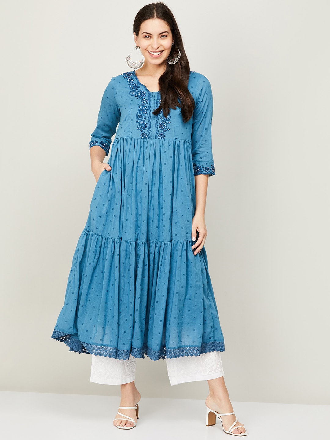 

Melange by Lifestyle Women Blue Striped Thread Work Anarkali Kurta