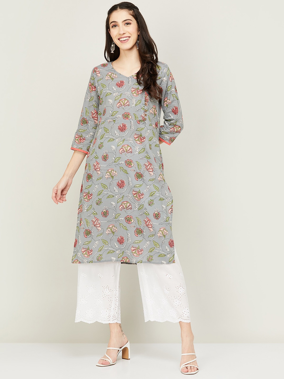

Melange by Lifestyle Women Grey Floral Printed Kurta
