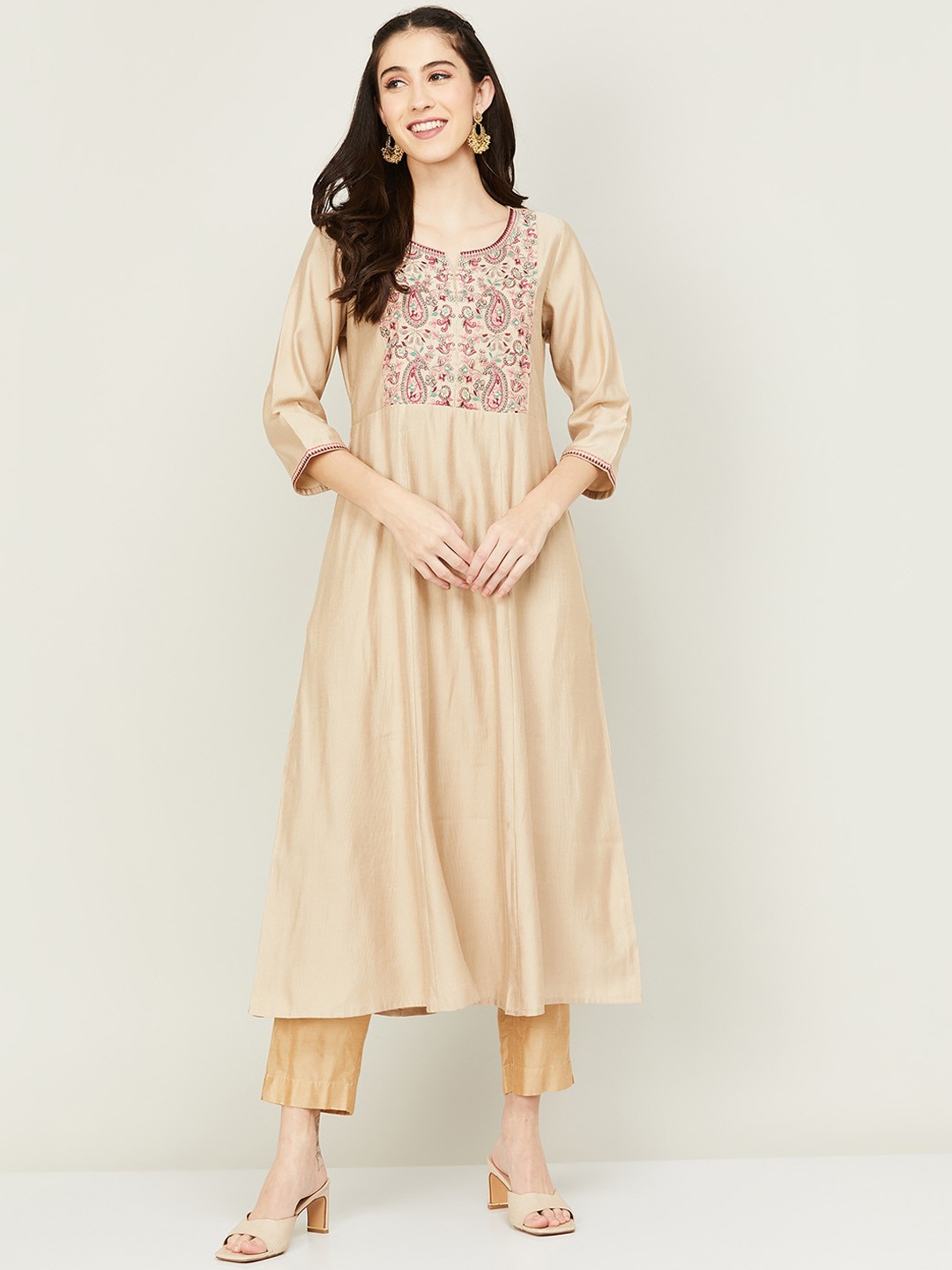 

Melange by Lifestyle Women Beige Yoke Design Thread Work Kurta