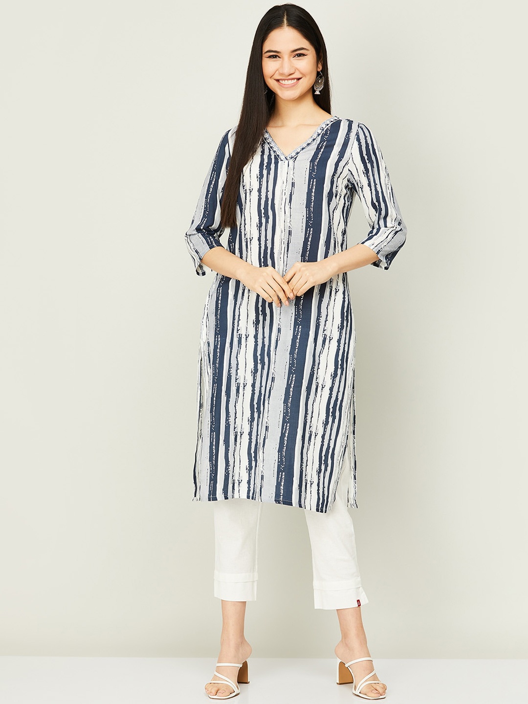 

Melange by Lifestyle Women Blue Striped Kurta