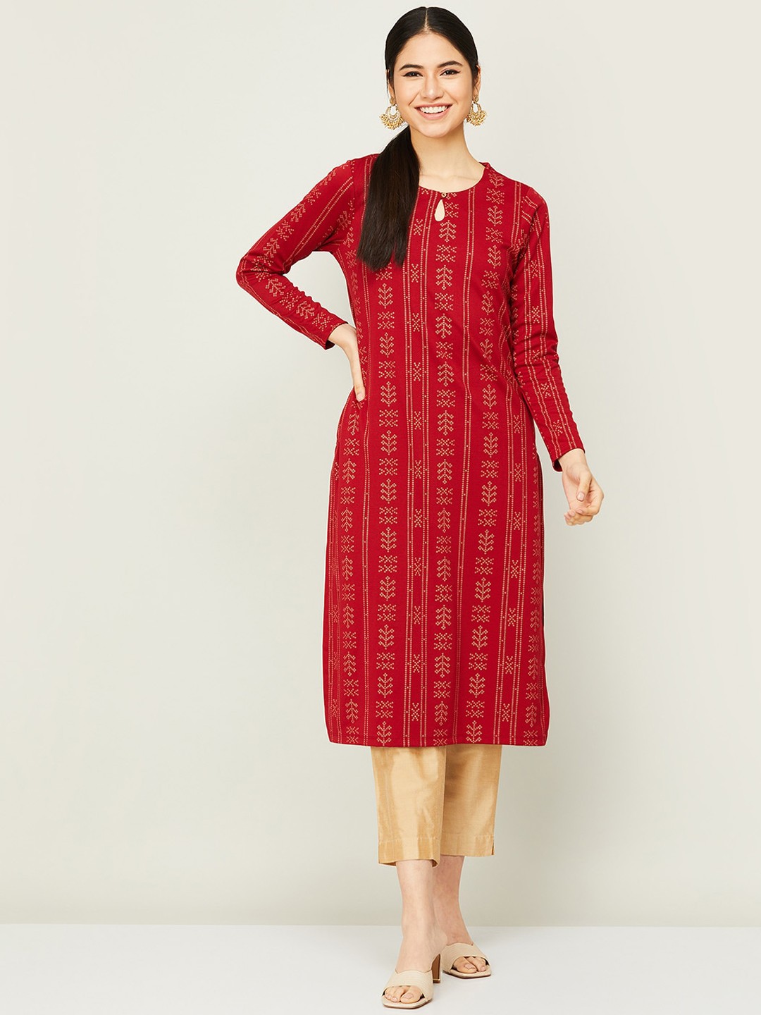 

Melange by Lifestyle Women Red Printed Keyhole Neck Kurta