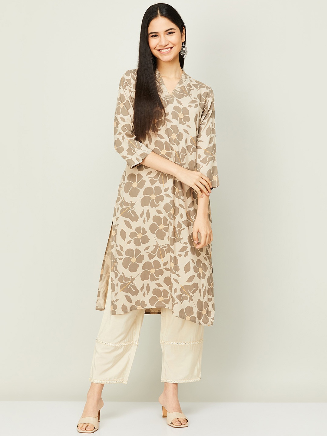

Melange by Lifestyle Women Beige Floral Printed Kurta