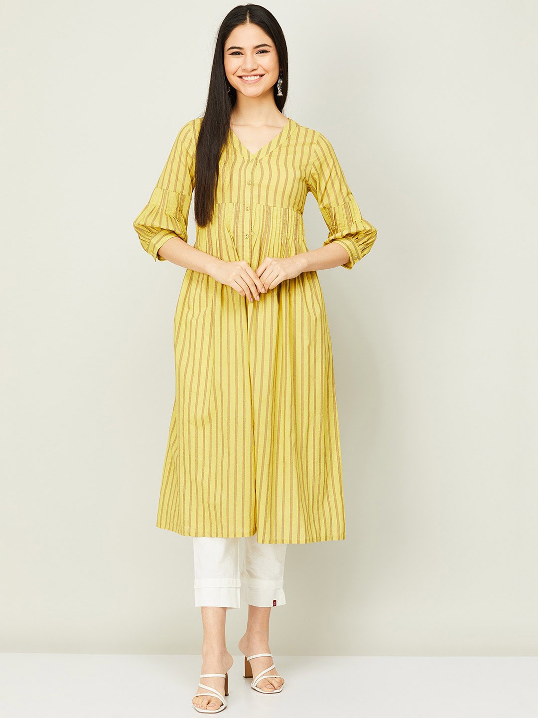 

Melange by Lifestyle Women Yellow Striped Anarkali Kurta