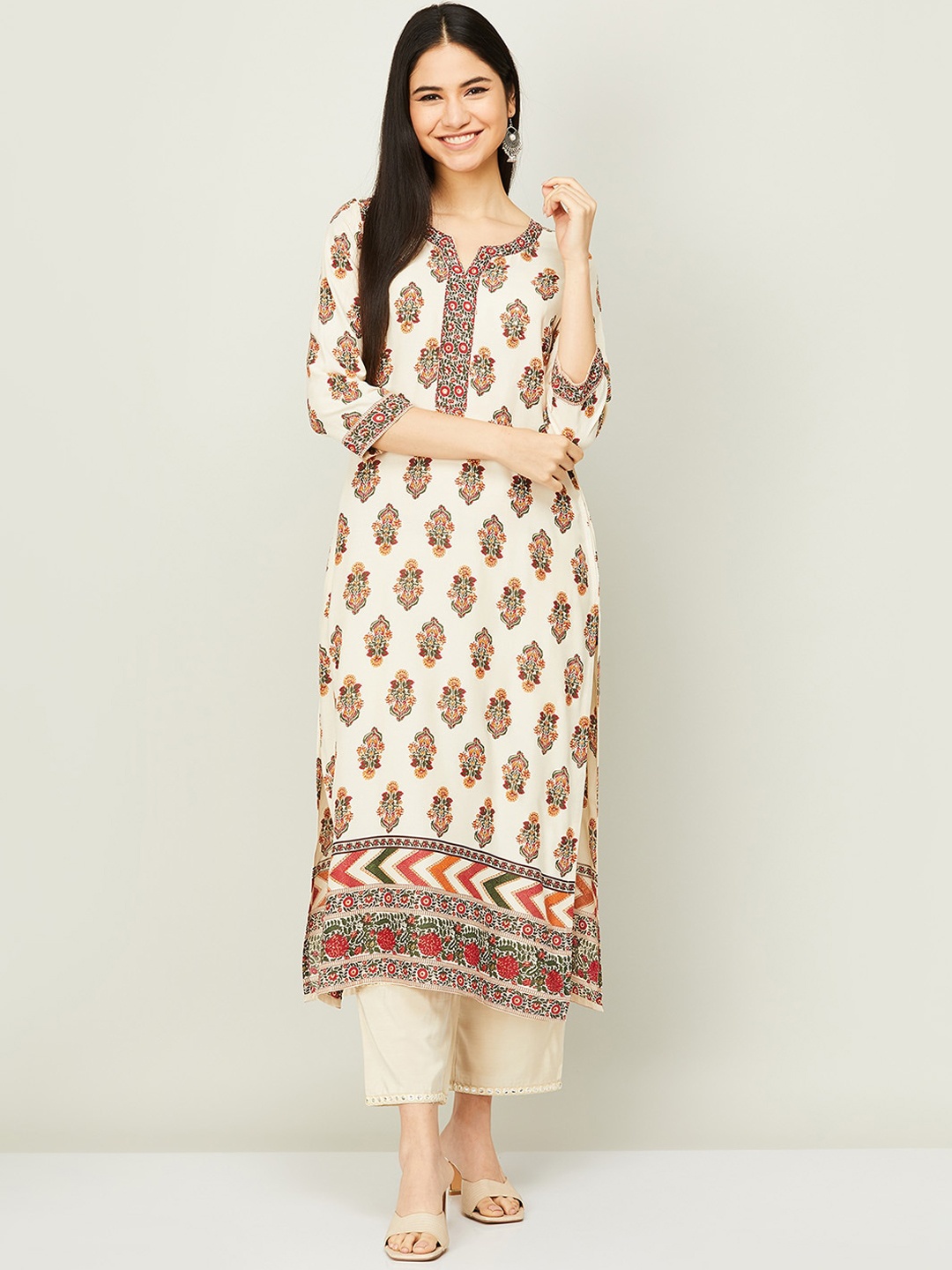 

Melange by Lifestyle Women Cream-Coloured Ethnic Motifs Printed Kurta