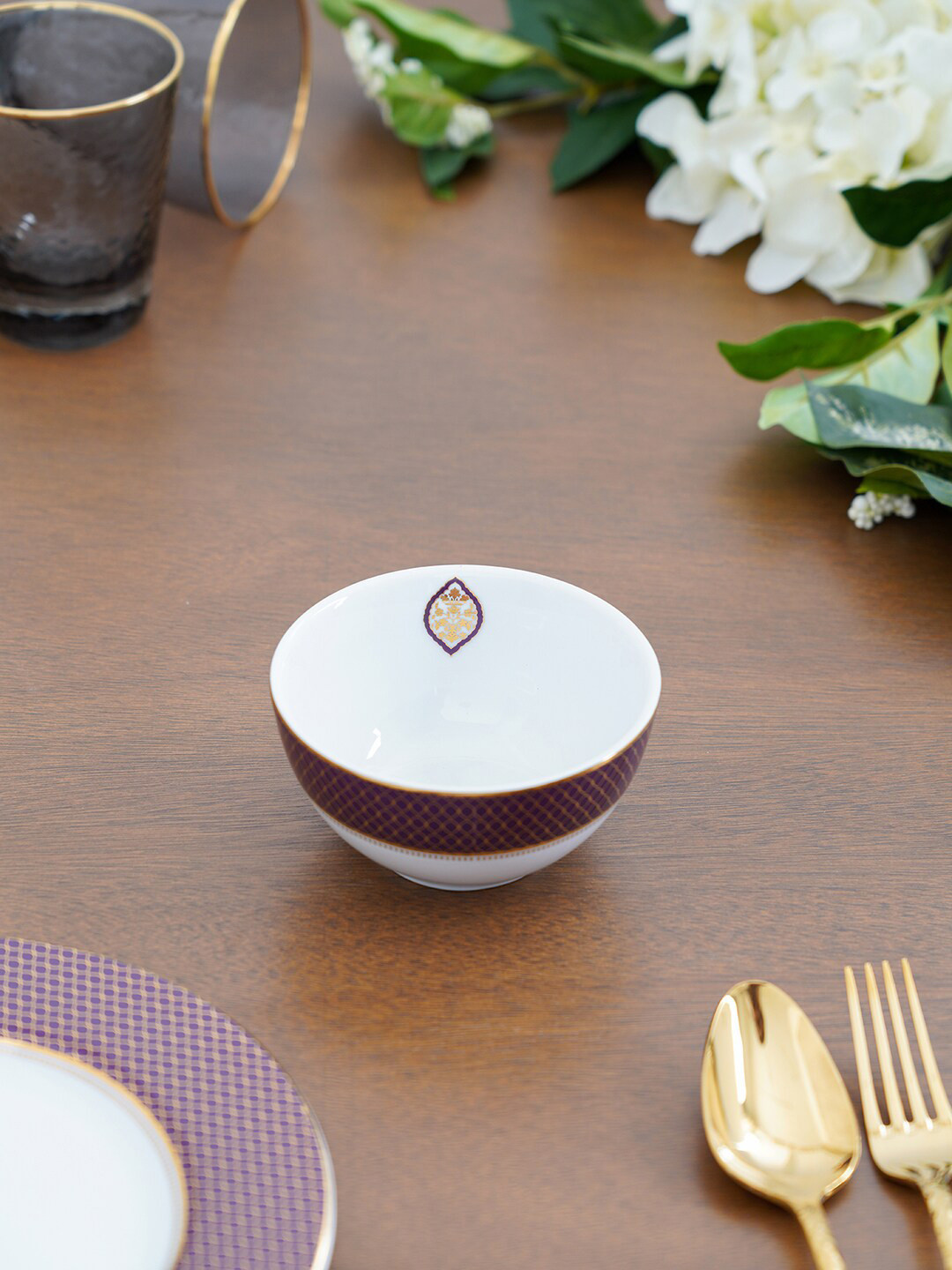 

Pure Home and Living White & Purple Set of 2 Dishwasher & Microwave safe Porcelain Bowls