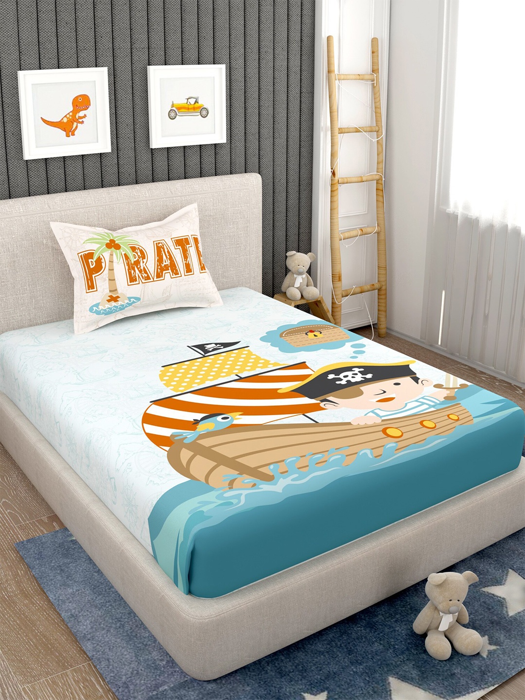 

EverHOME Blue & Brown Cartoon Characters 160 TC Single Bedsheet with 1 Pillow Covers